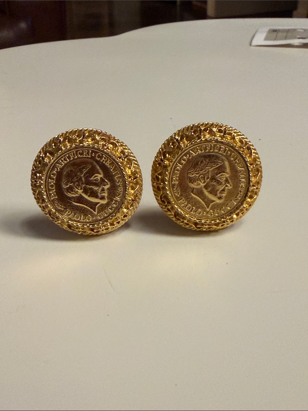 Vintage Paolo Gucci Roman Coin Medallion Clip-On Earrings Gold Tone